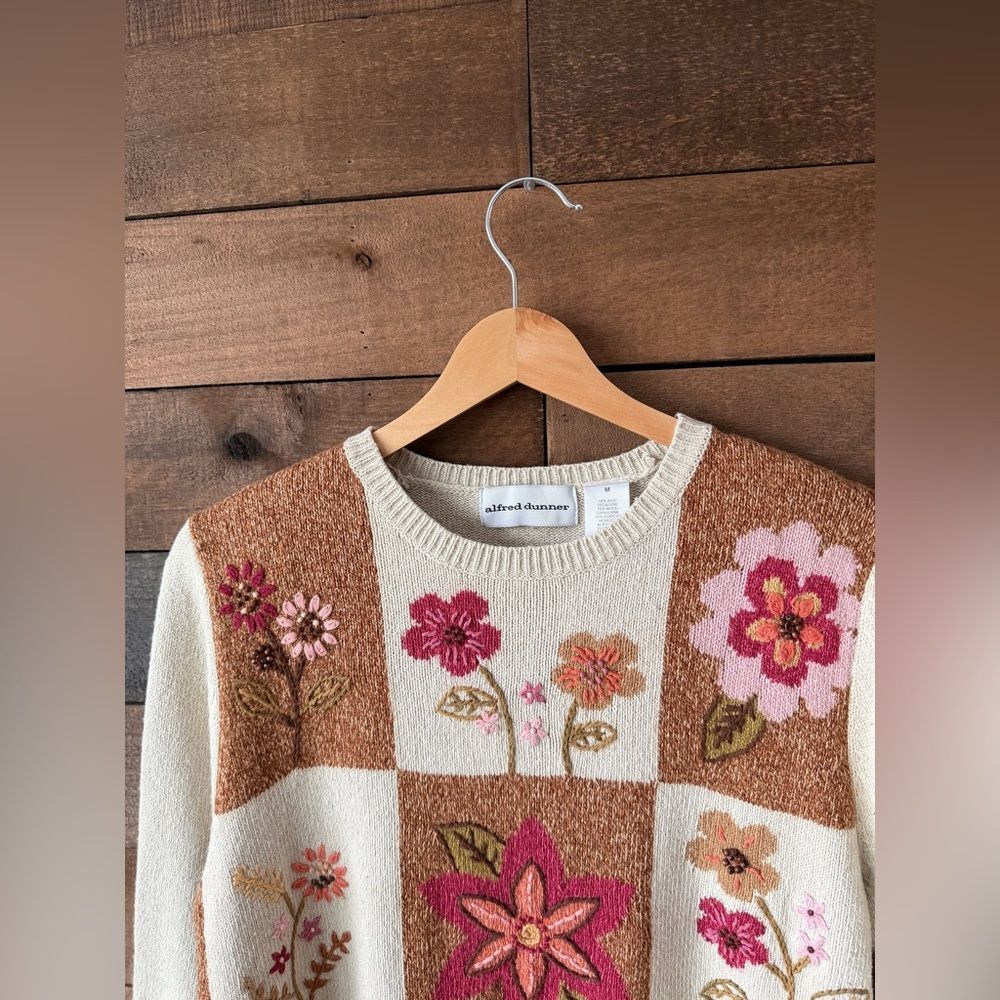 Vintage 90s Floral Patchwork Sweater Alfred Dunner Silk Blend - Picture 3 of 13